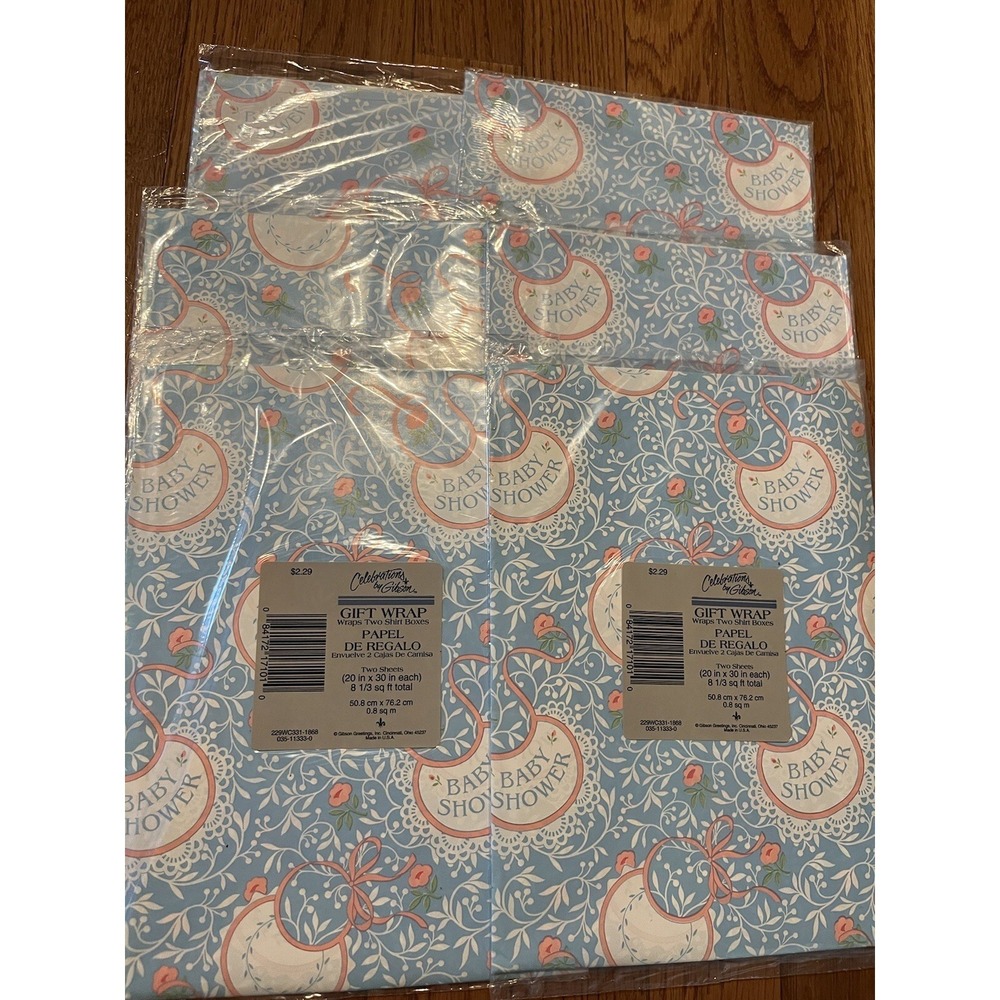 Vtg Baby Shower Gift Wrap Blue Floral Lot Of 6 Packs Celebrations By Gibson